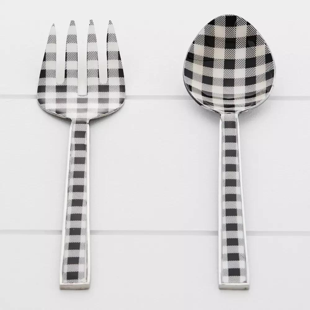 Cutlery | Gingham Salad Servers Black & White Cutlery Black & White