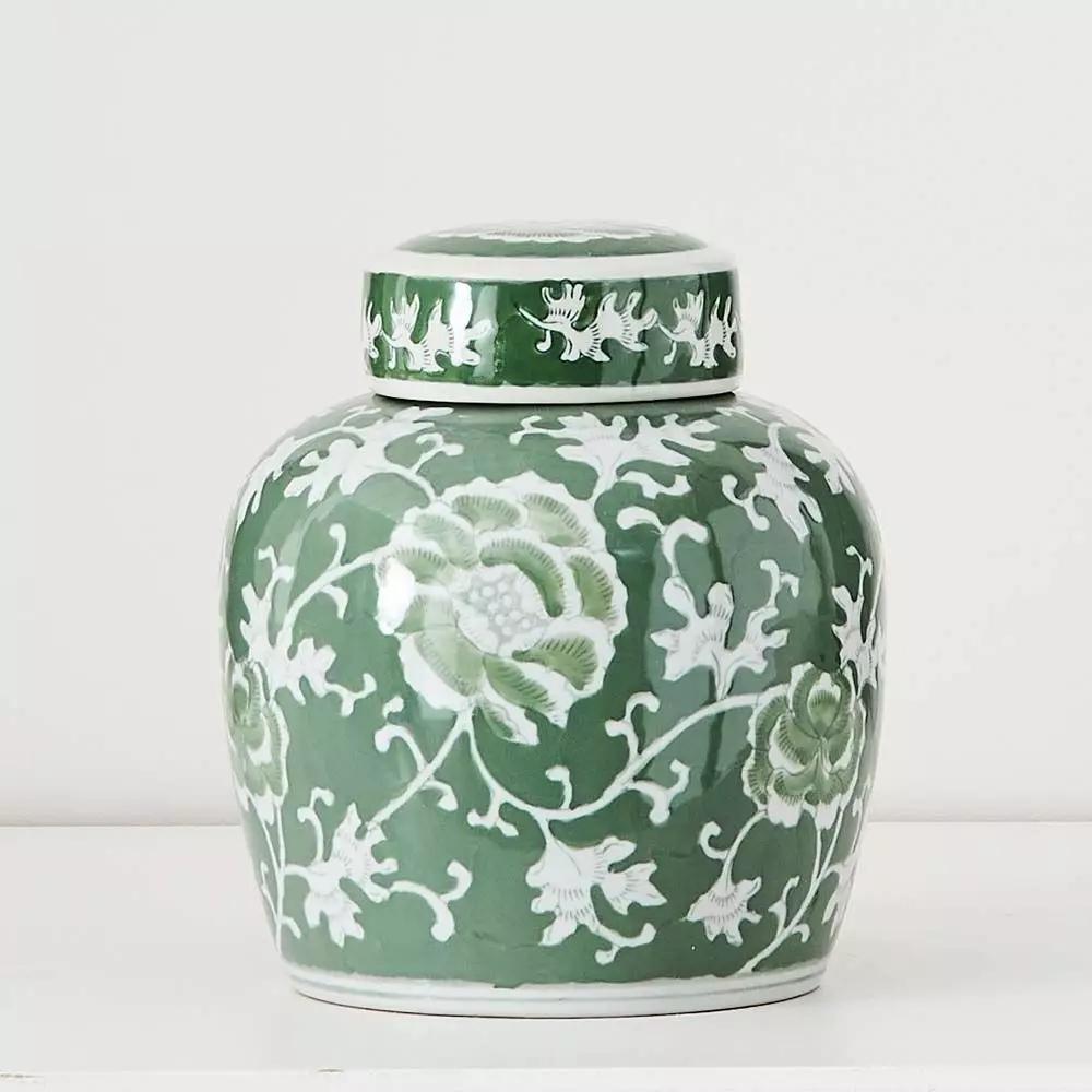 Decorative Accents | Mudan Ginger Jar Green & White Decorative Accents Decorative Accents